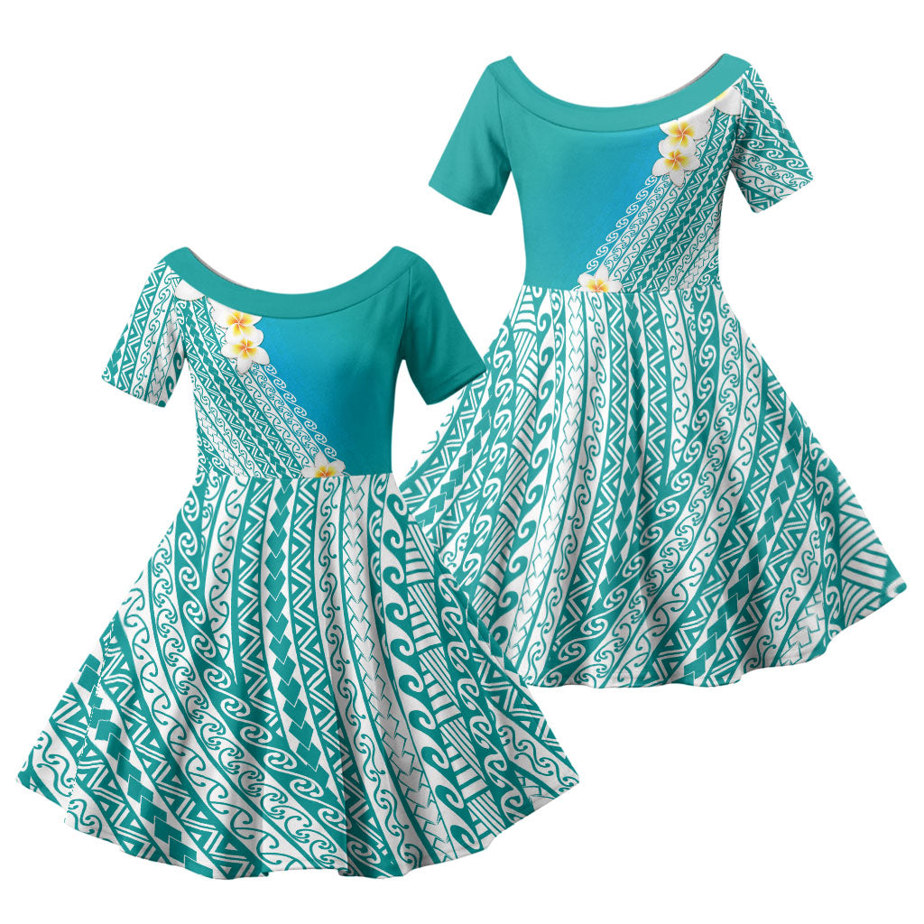 Tahiti Plumeria Tribal Pattern Family Matching Tank Maxi Dress and Hawaiian Shirt Wave Style Turquoise LT05 Daughter's Dress Turquoise - Polynesian Pride