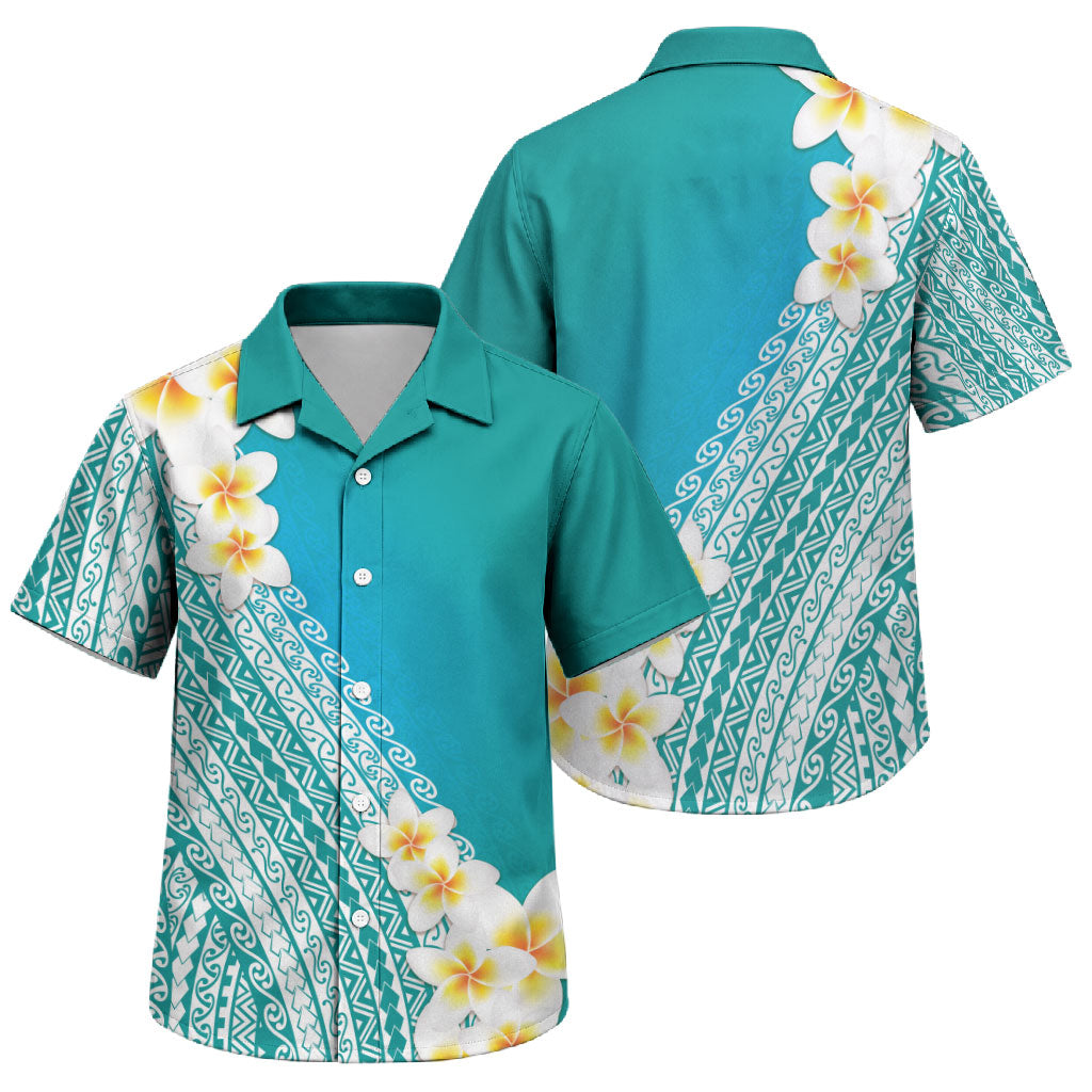 Tahiti Plumeria Tribal Pattern Family Matching Tank Maxi Dress and Hawaiian Shirt Wave Style Turquoise LT05 Son's Shirt Turquoise - Polynesian Pride