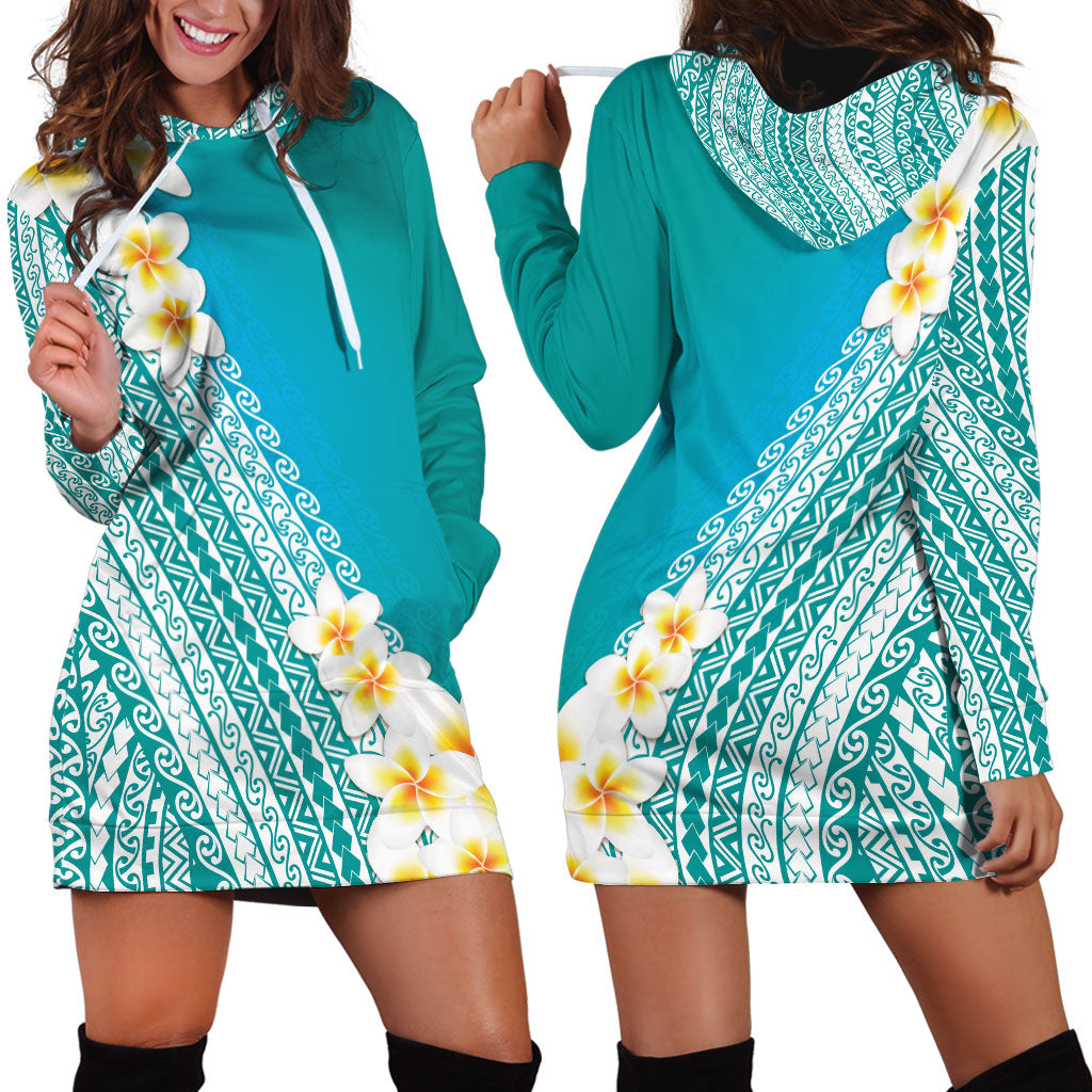 Tahiti Plumeria Tribal Pattern Hoodie Dress Wave Style Turquoise LT05 - Polynesian Pride