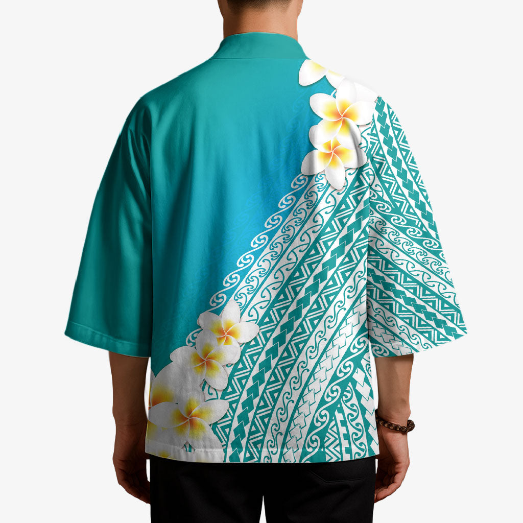 Tahiti Plumeria Tribal Pattern Kimono Wave Style Turquoise LT05 - Polynesian Pride