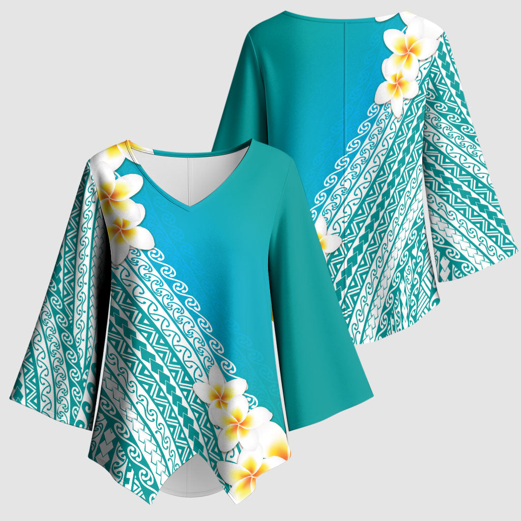 Tahiti Plumeria Tribal Pattern Kimono Sleeve Blouse Wave Style Turquoise LT05 - Polynesian Pride