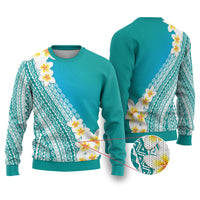 Tahiti Plumeria Tribal Pattern Ugly Christmas Sweater Wave Style Turquoise LT05 Turquoise - Polynesian Pride
