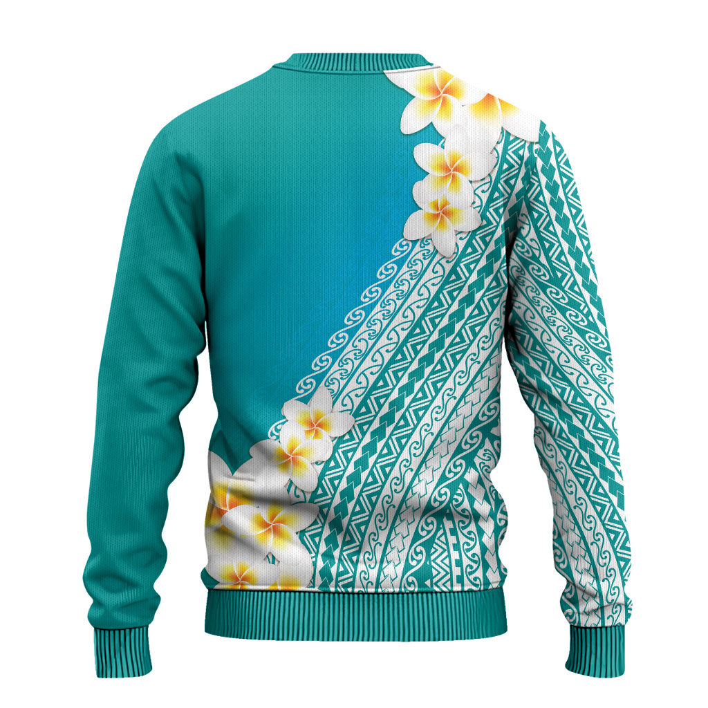 Tahiti Plumeria Tribal Pattern Ugly Christmas Sweater Wave Style Turquoise LT05 - Polynesian Pride