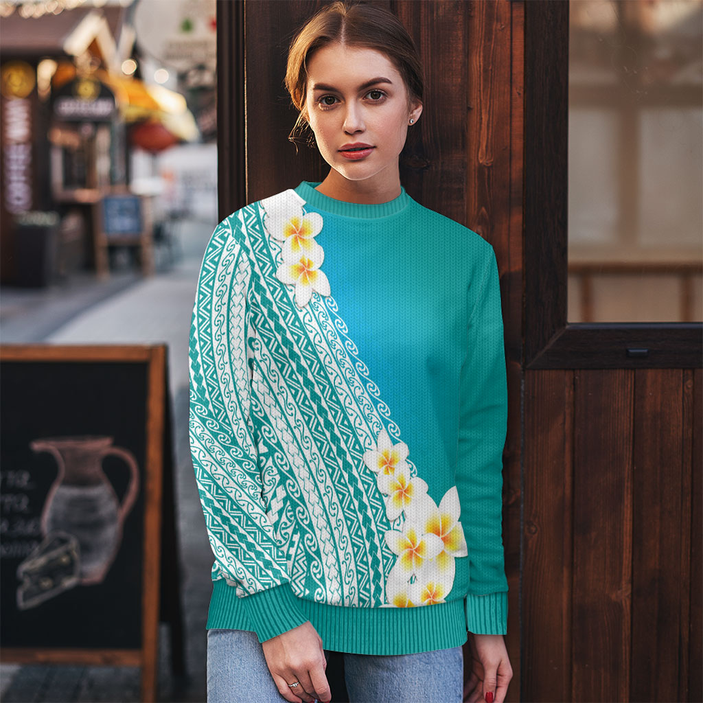 Tahiti Plumeria Tribal Pattern Ugly Christmas Sweater Wave Style Turquoise LT05 - Polynesian Pride