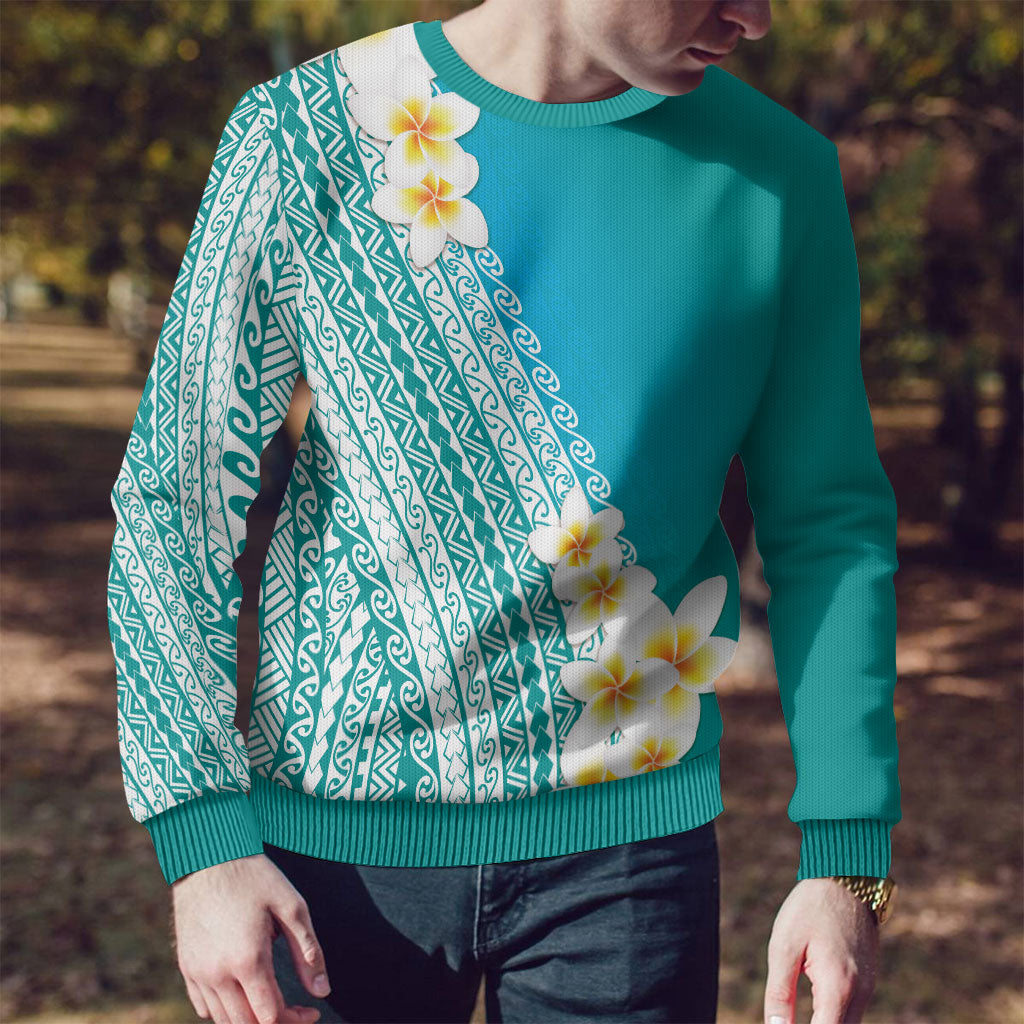 Tahiti Plumeria Tribal Pattern Ugly Christmas Sweater Wave Style Turquoise LT05 - Polynesian Pride