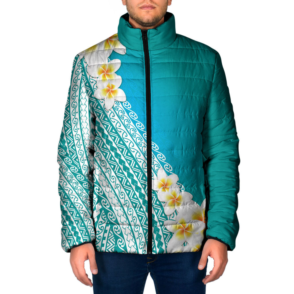 Tahiti Plumeria Tribal Pattern Padded Jacket Wave Style Turquoise LT05 Men Turquoise - Polynesian Pride