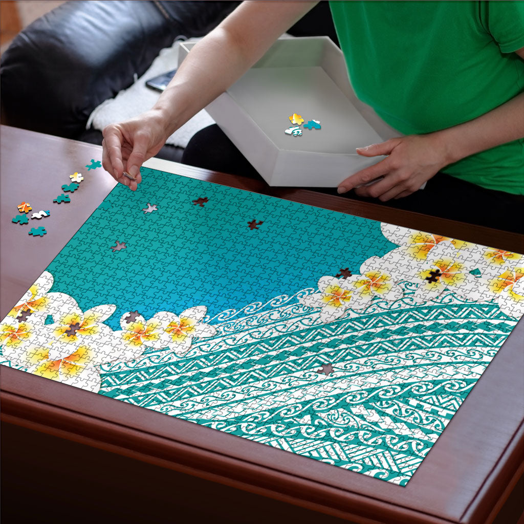 Tahiti Plumeria Tribal Pattern Puzzle Wave Style Turquoise LT05 - Polynesian Pride