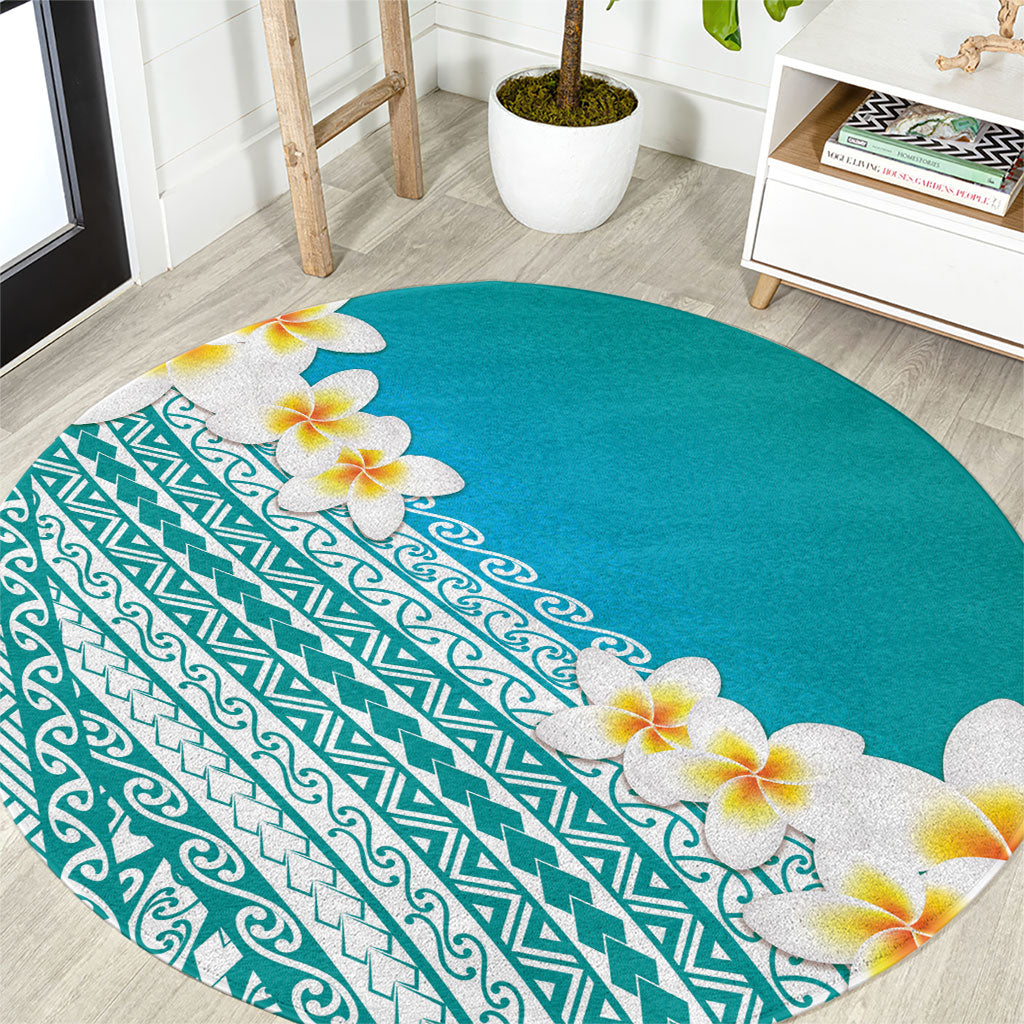 Tahiti Plumeria Tribal Pattern Round Carpet Wave Style Turquoise LT05 Turquoise - Polynesian Pride