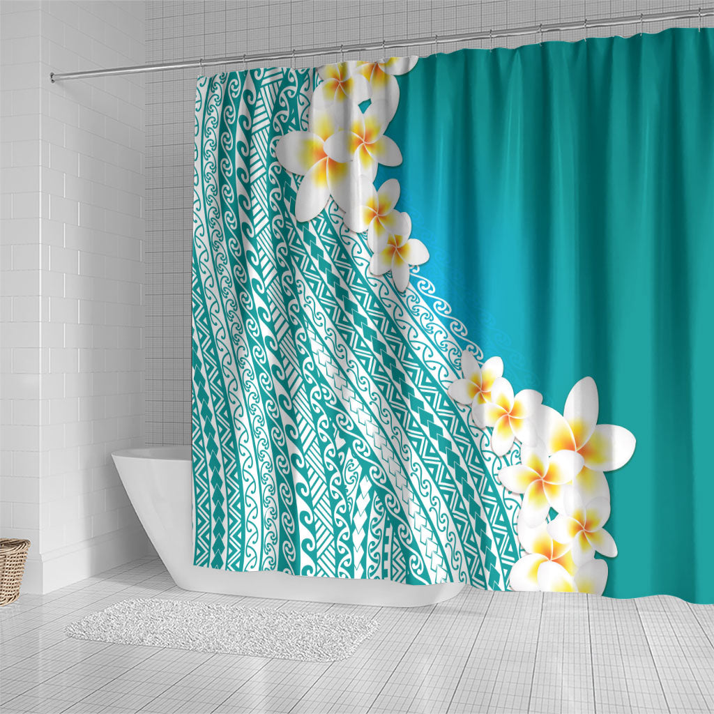Tahiti Plumeria Tribal Pattern Shower Curtain Wave Style Turquoise LT05 - Polynesian Pride