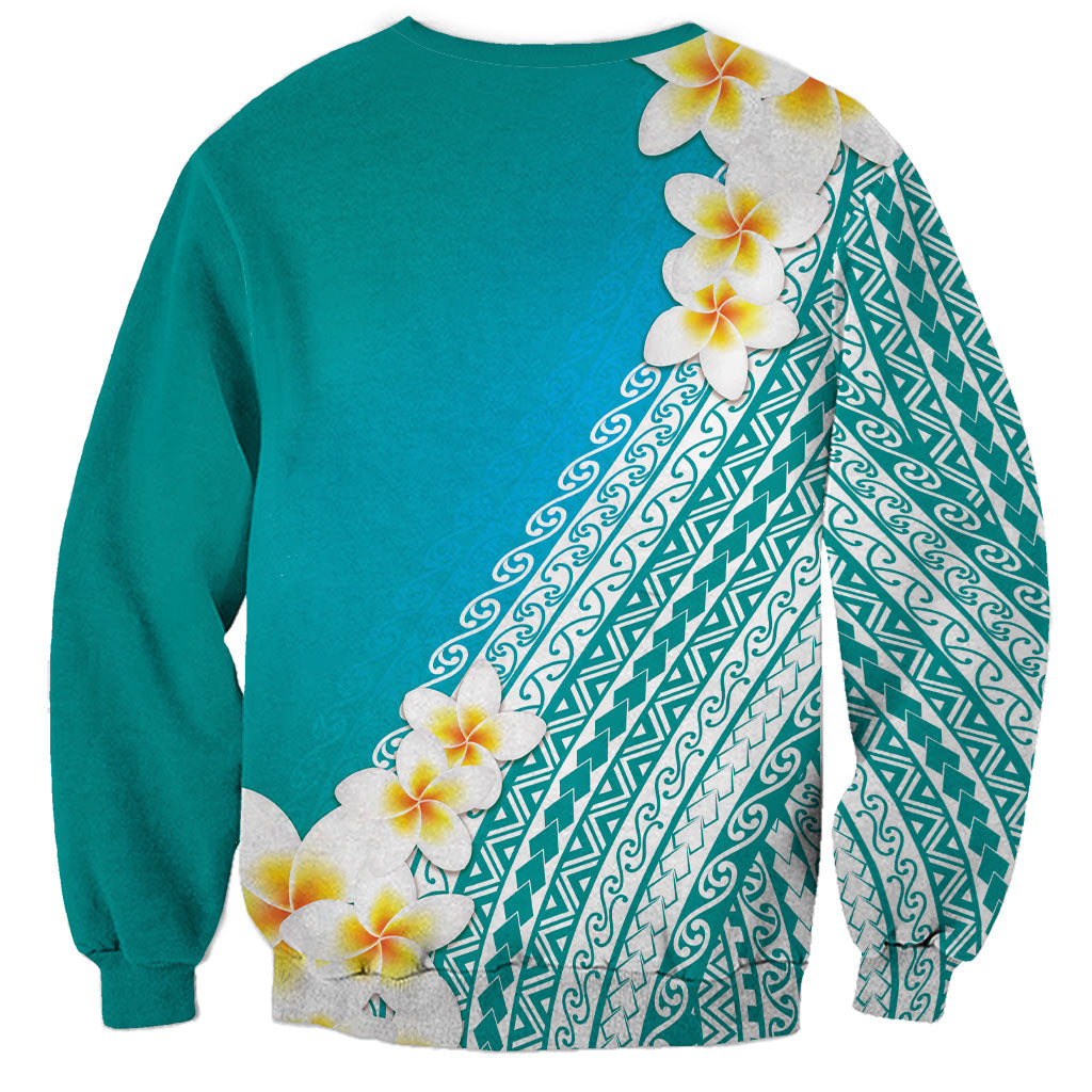 Tahiti Plumeria Tribal Pattern Sweatshirt Wave Style Turquoise LT05 - Polynesian Pride