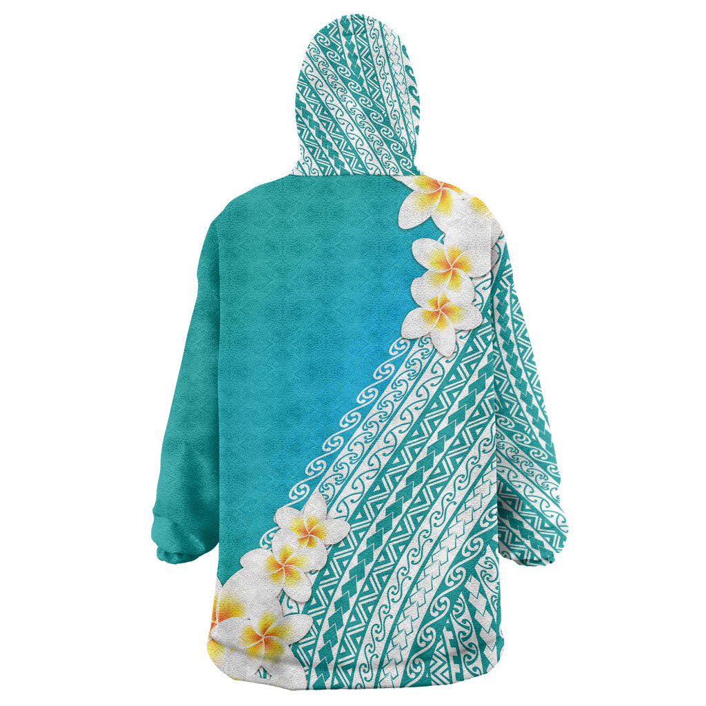 Tahiti Plumeria Tribal Pattern Wearable Blanket Hoodie Wave Style Turquoise LT05 - Polynesian Pride