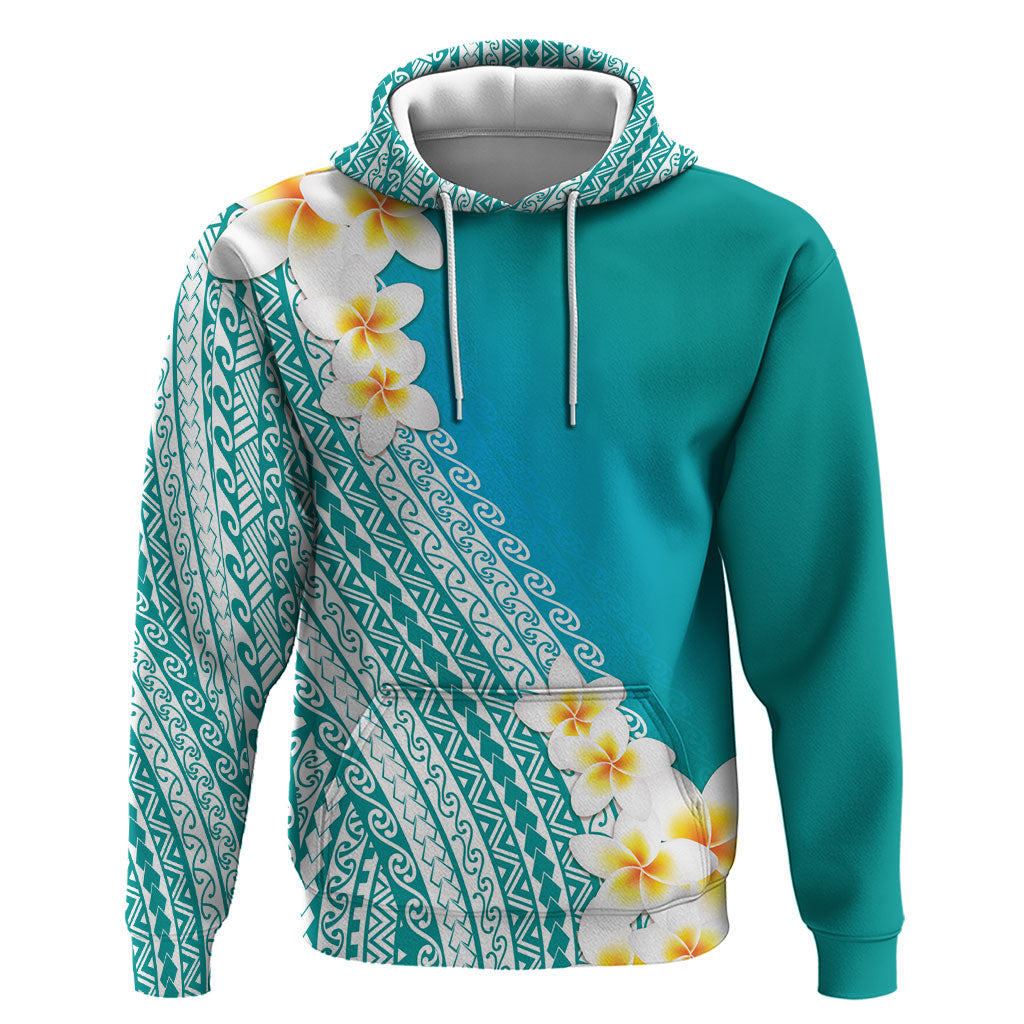 Tahiti Plumeria Tribal Pattern Zip Hoodie Wave Style Turquoise LT05 Pullover Hoodie Turquoise - Polynesian Pride