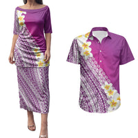Tahiti Plumeria Tribal Pattern Couples Matching Puletasi and Hawaiian Shirt Wave Style Purple LT05 Purple - Polynesian Pride