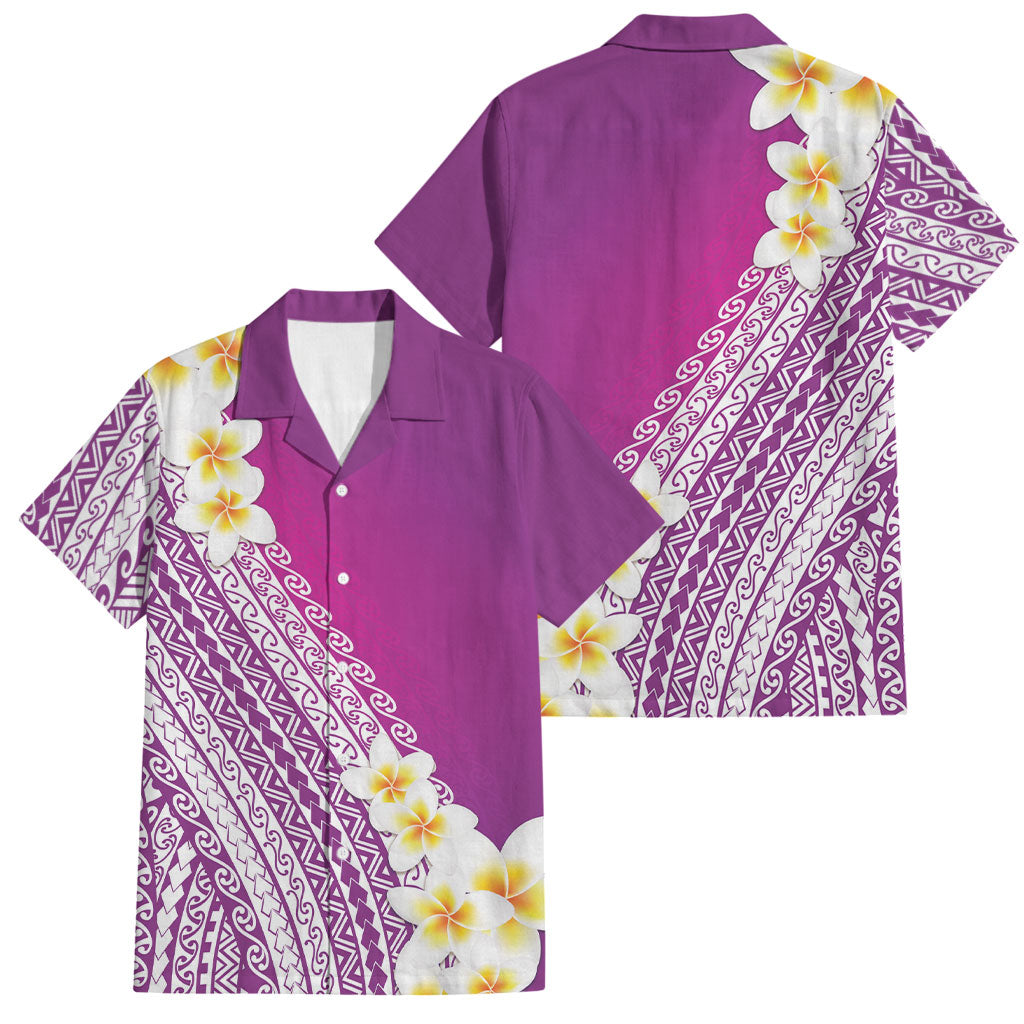 Tahiti Plumeria Tribal Pattern Family Matching Off Shoulder Maxi Dress and Hawaiian Shirt Wave Style Purple LT05 Dad's Shirt - Short Sleeve Purple - Polynesian Pride