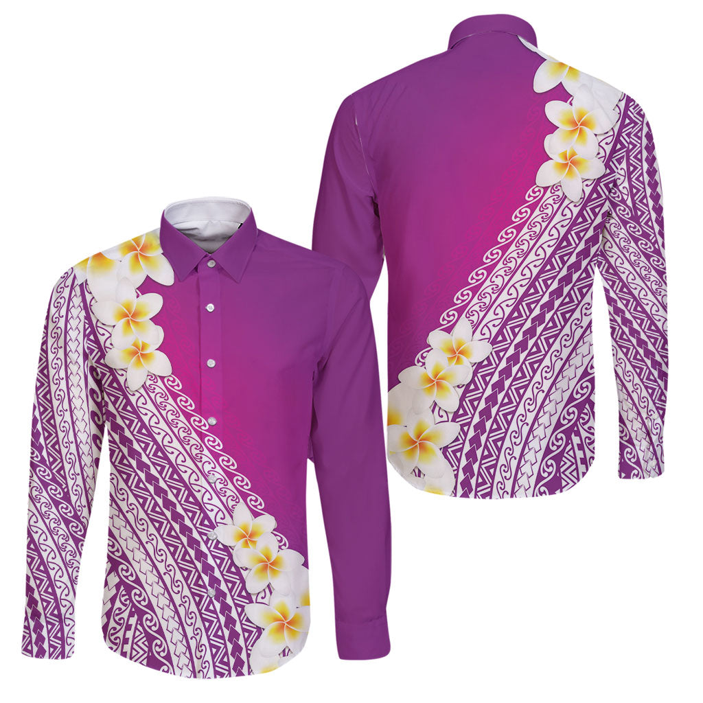 Tahiti Plumeria Tribal Pattern Family Matching Tank Maxi Dress and Hawaiian Shirt Wave Style Purple LT05 Dad's Shirt - Long Sleeve Purple - Polynesian Pride