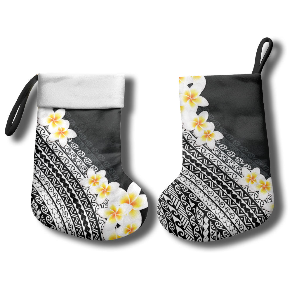 Tahiti Plumeria Tribal Pattern Christmas Stocking Wave Style Black