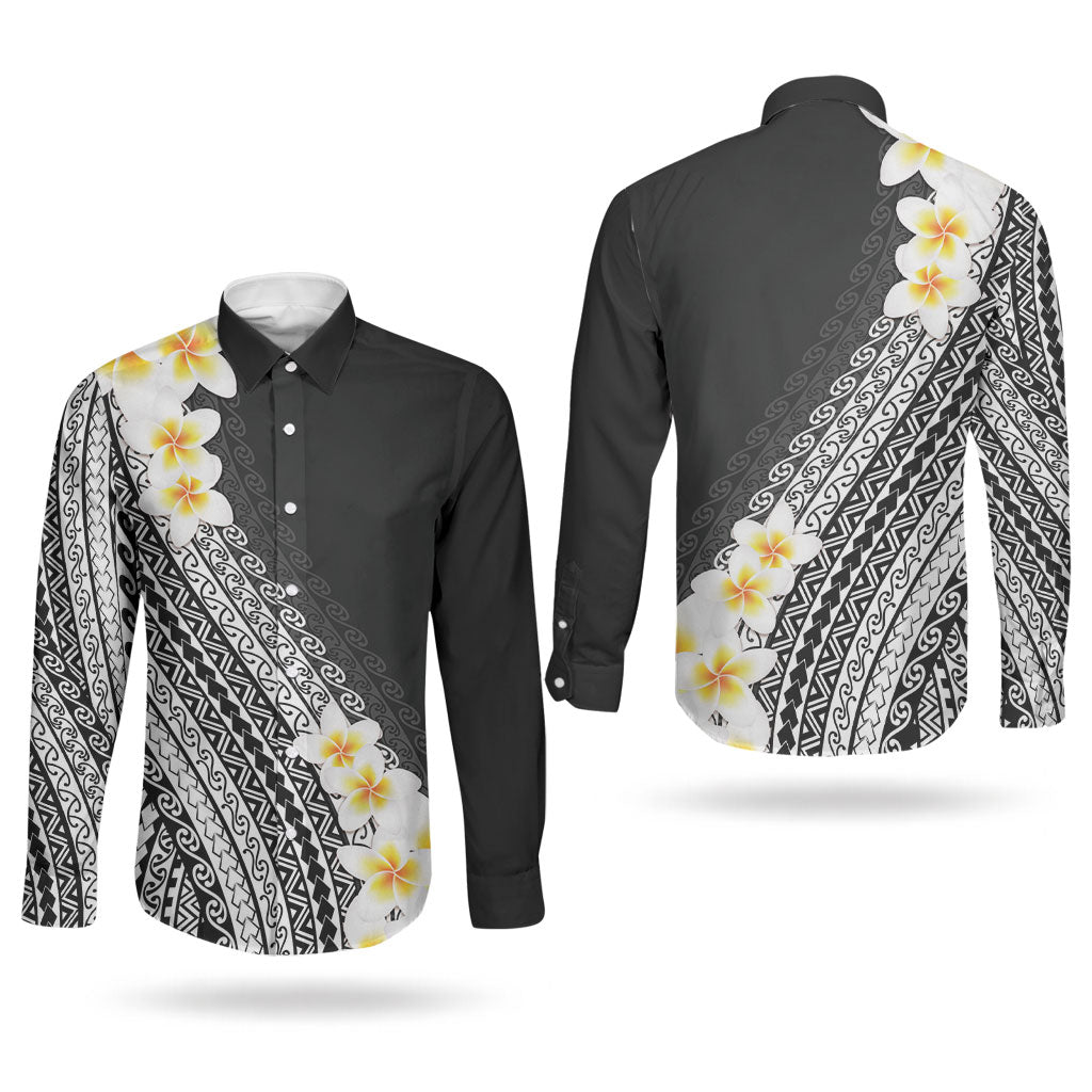 Tahiti Plumeria Tribal Pattern Couples Matching Mermaid Dress and Long Sleeve Button Shirt Wave Style Black LT05 - Polynesian Pride