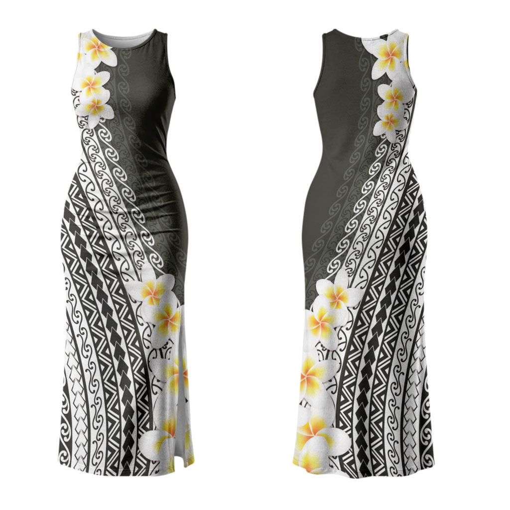 Tahiti Plumeria Tribal Pattern Couples Matching Tank Maxi Dress and Long Sleeve Button Shirt Wave Style Black LT05 - Polynesian Pride