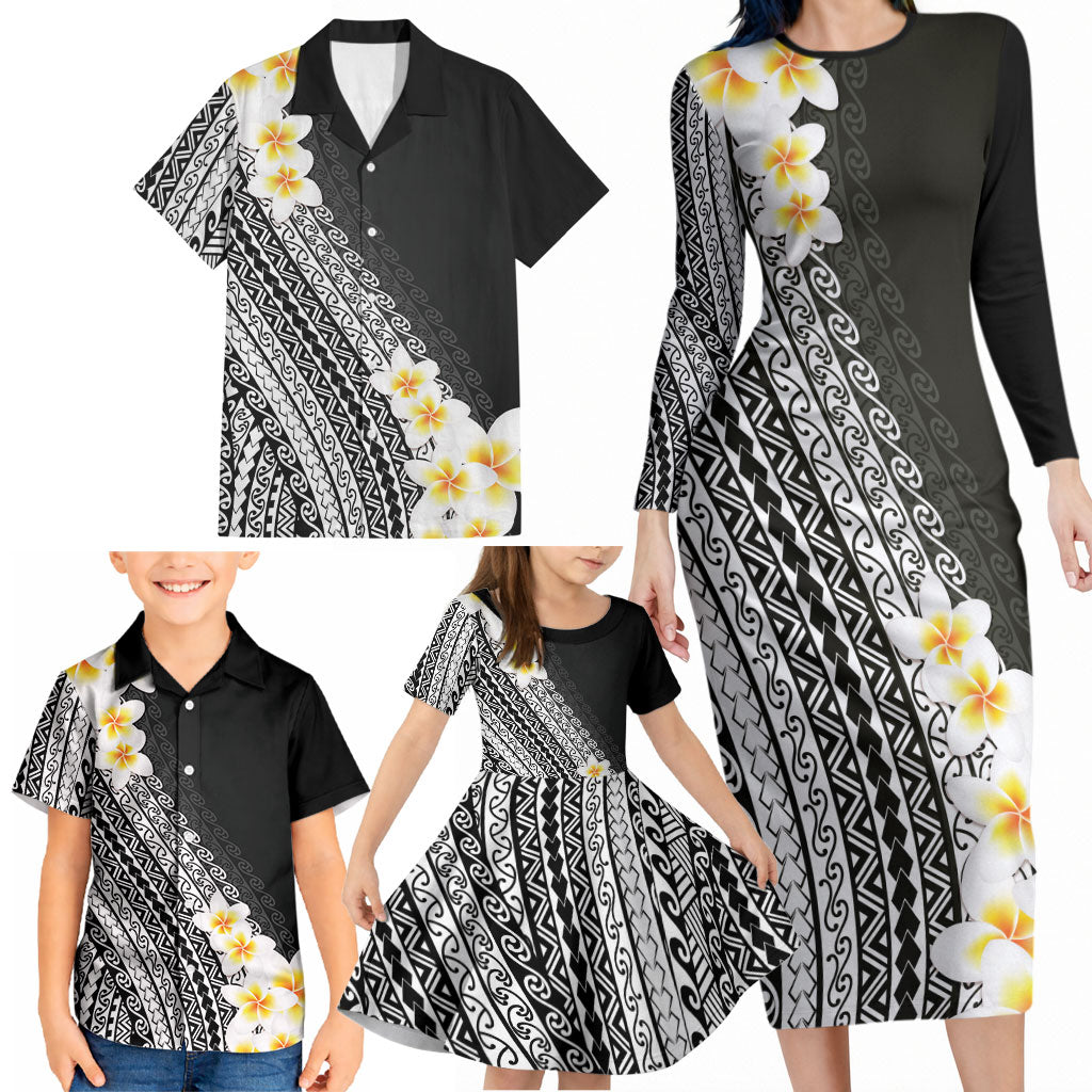 Tahiti Plumeria Tribal Pattern Family Matching Long Sleeve Bodycon Dress and Hawaiian Shirt Wave Style Black LT05 - Polynesian Pride