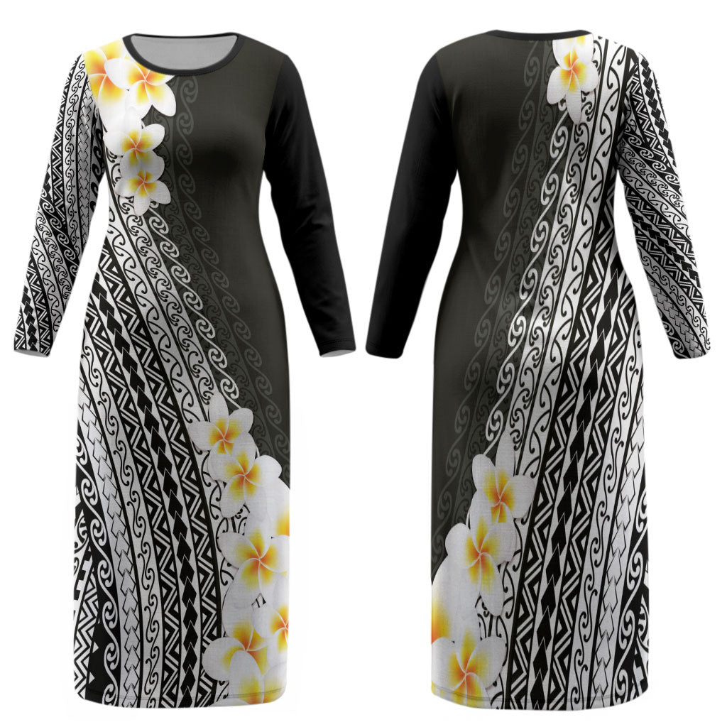 Tahiti Plumeria Tribal Pattern Family Matching Long Sleeve Bodycon Dress and Hawaiian Shirt Wave Style Black LT05 Mom's Dress Black - Polynesian Pride