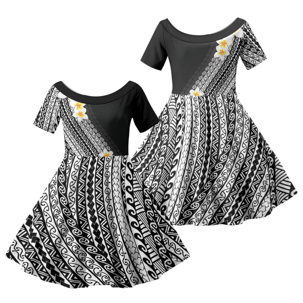 Tahiti Plumeria Tribal Pattern Family Matching Long Sleeve Bodycon Dress and Hawaiian Shirt Wave Style Black LT05 Daughter's Dress Black - Polynesian Pride