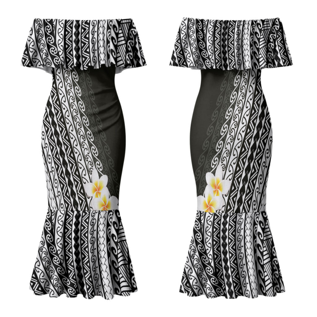Tahiti Plumeria Tribal Pattern Family Matching Mermaid Dress and Hawaiian Shirt Wave Style Black LT05 Mom's Dress Black - Polynesian Pride