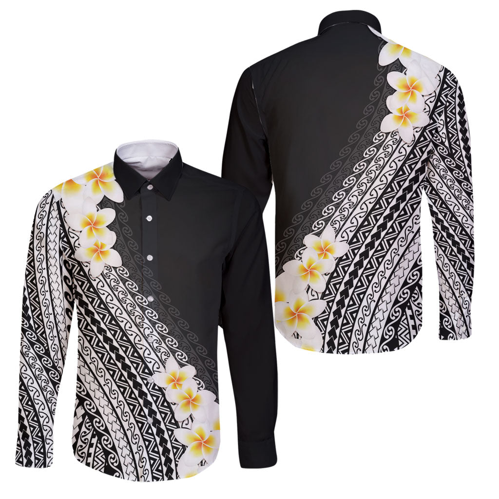 Tahiti Plumeria Tribal Pattern Family Matching Mermaid Dress and Hawaiian Shirt Wave Style Black LT05 Dad's Shirt - Long Sleeve Black - Polynesian Pride