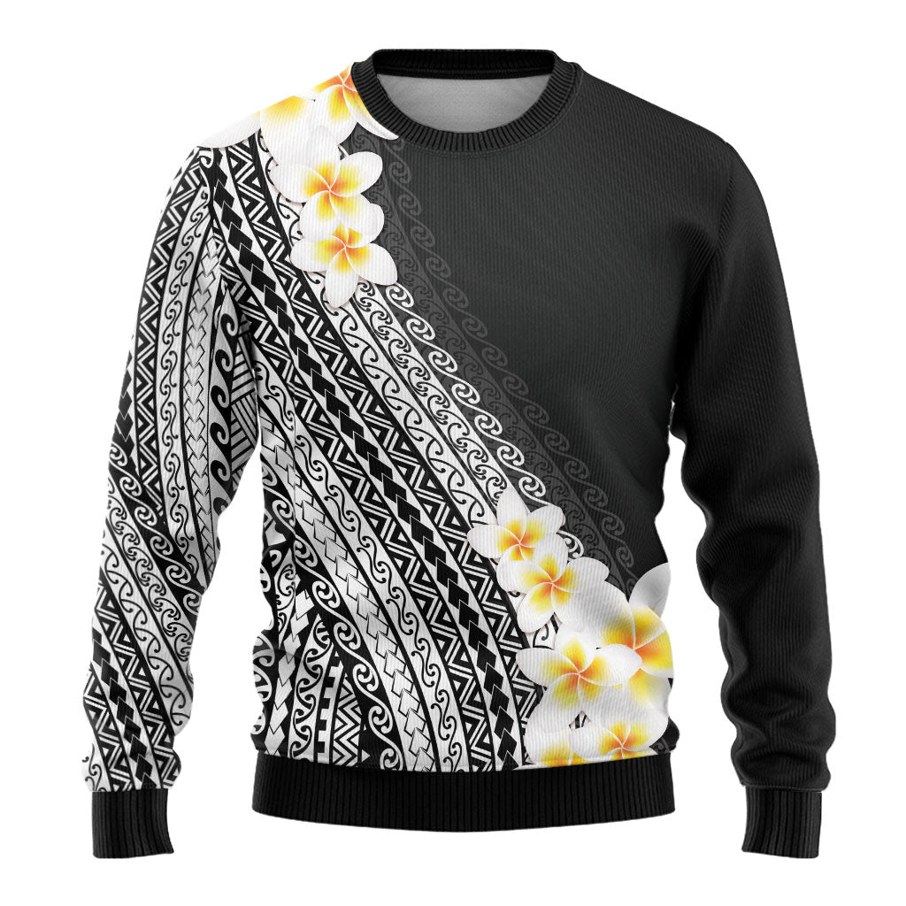 Tahiti Plumeria Tribal Pattern Ugly Christmas Sweater Wave Style Black