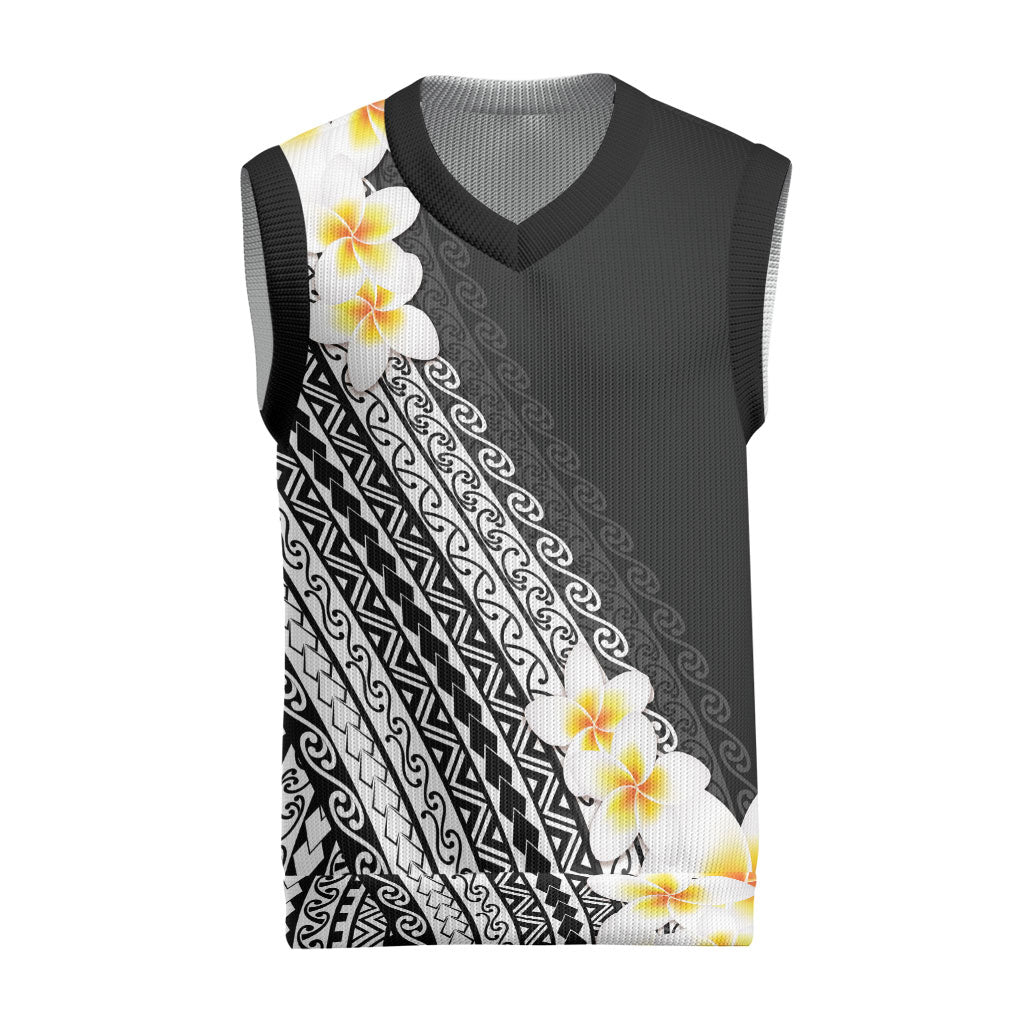 Tahiti Plumeria Tribal Pattern Christmas Knitted V-Neck Vest Wave Style Black