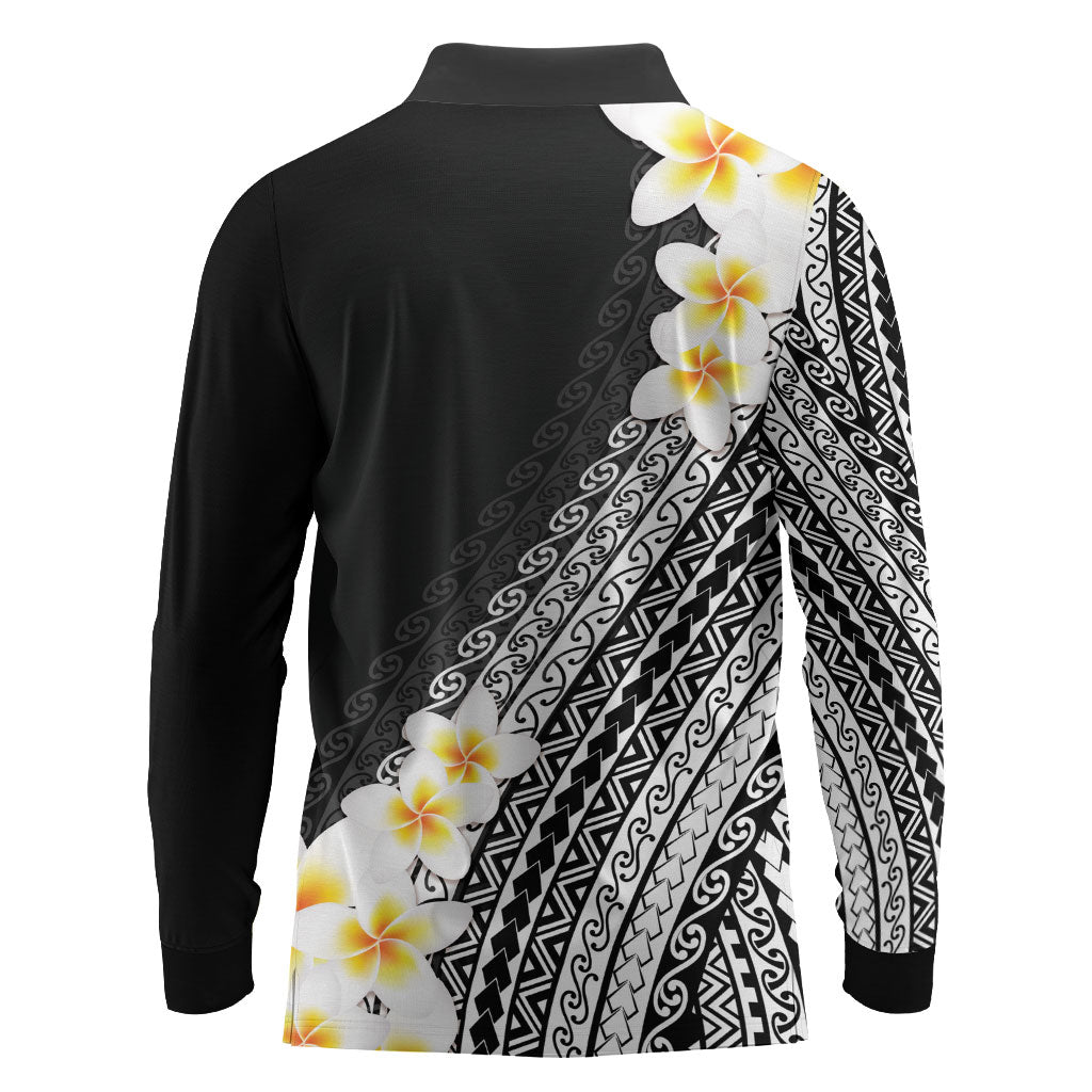 Tahiti Plumeria Tribal Pattern Long Sleeve Polo Shirt Wave Style Black LT05 - Polynesian Pride