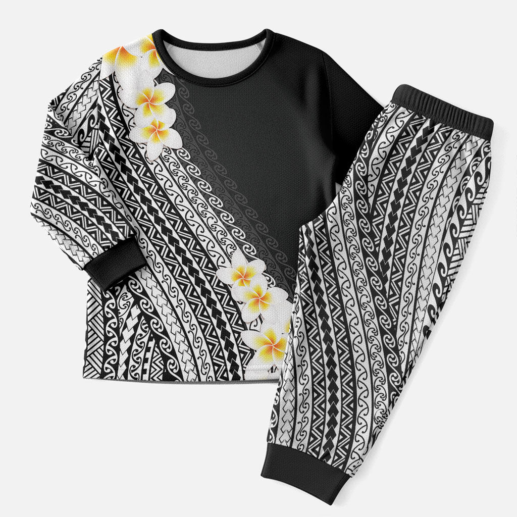 Tahiti Plumeria Tribal Pattern Christmas Pajama Set Wave Style Black