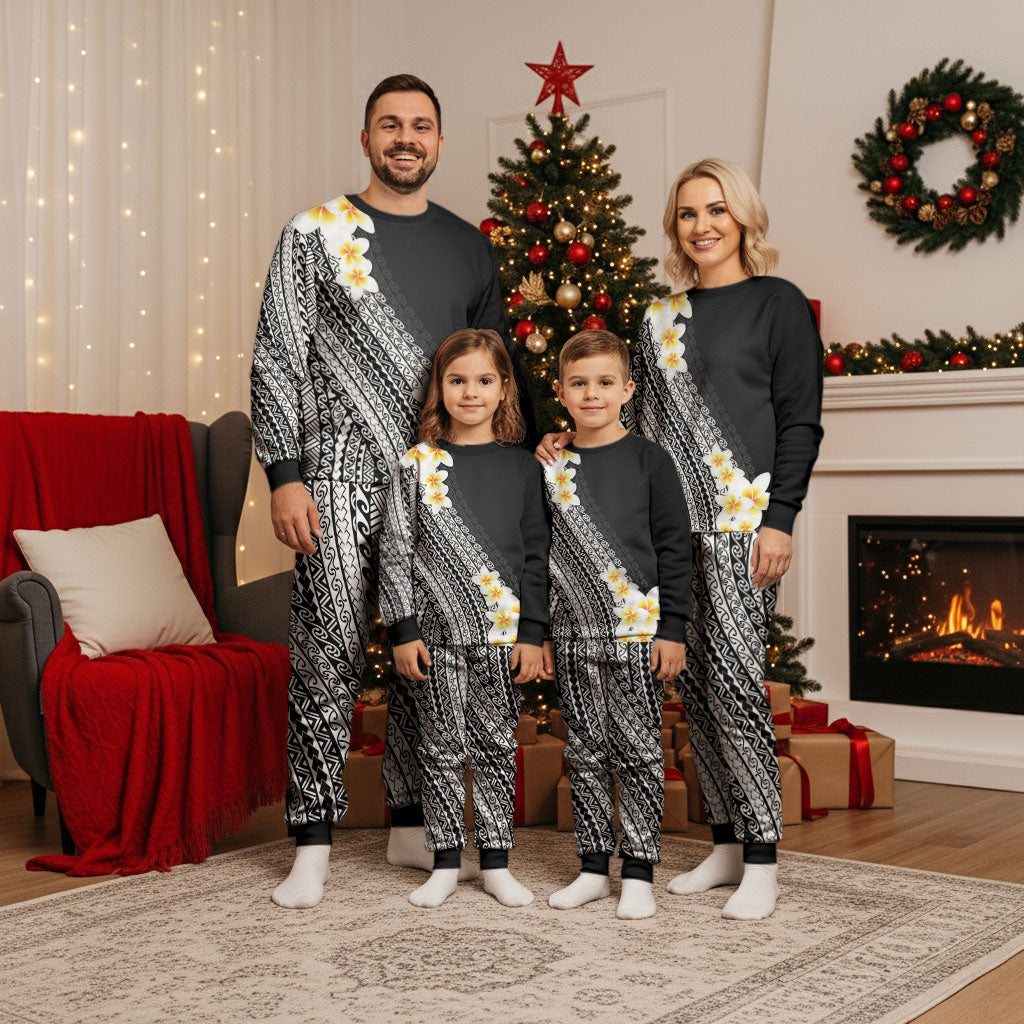 Tahiti Plumeria Tribal Pattern Christmas Pajama Set Wave Style Black