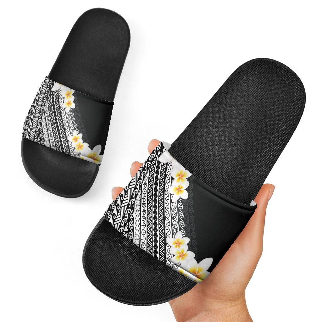 Tahiti Plumeria Tribal Pattern Slide Sandals Wave Style Black LT05 - Polynesian Pride