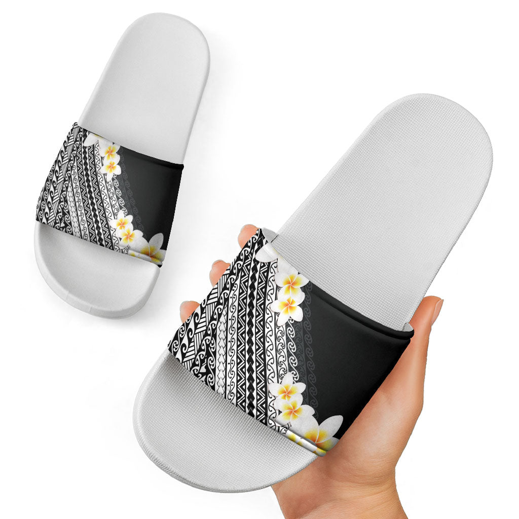 Tahiti Plumeria Tribal Pattern Slide Sandals Wave Style Black LT05 - Polynesian Pride