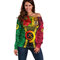 Vanuatu Off Shoulder Sweater Vanuatuan Coat Of Arms Mix Pig Tusk Poynesian Pattern LT05 Women Reggae - Polynesian Pride