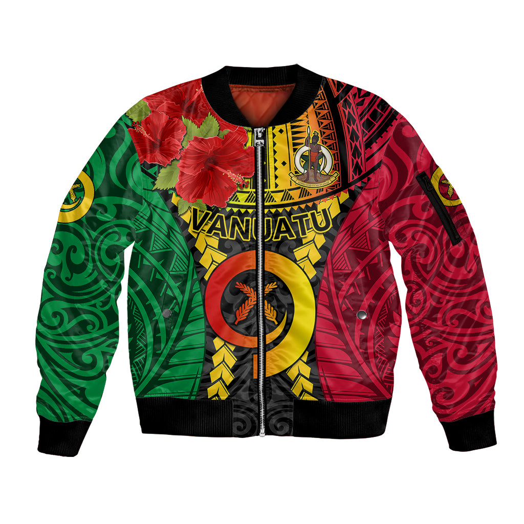 Vanuatu Sleeve Zip Bomber Jacket Vanuatuan Coat Of Arms Mix Pig Tusk Poynesian Pattern LT05 Unisex Reggae - Polynesian Pride