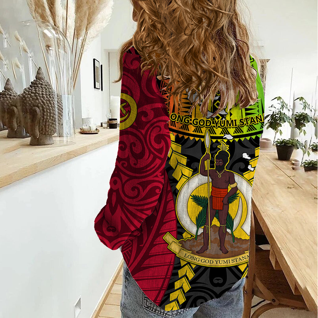Vanuatu Women Casual Shirt Vanuatuan Coat Of Arms Mix Pig Tusk Poynesian Pattern LT05 - Polynesian Pride