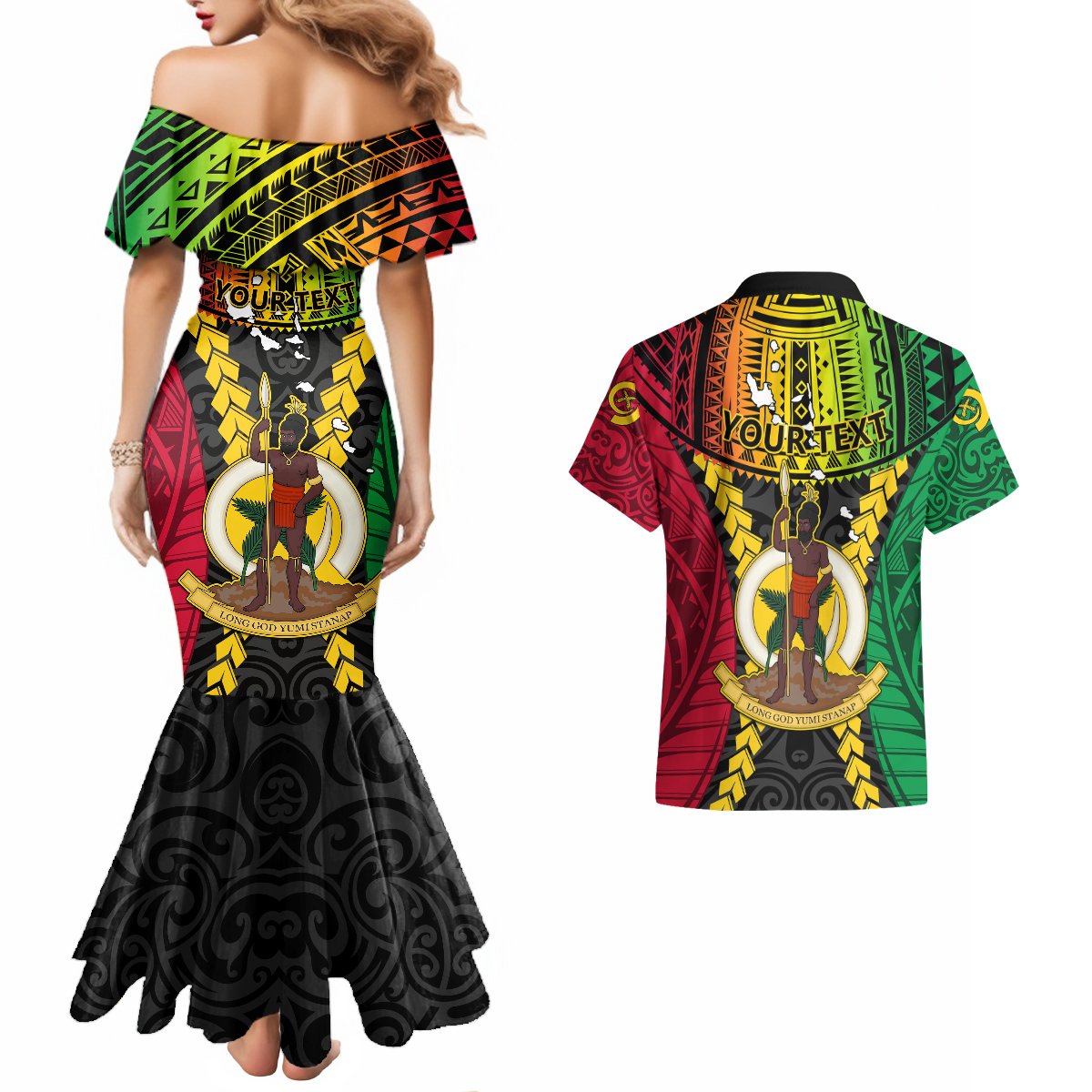 Personalized Vanuatu Couples Matching Mermaid Dress and Hawaiian Shirt Vanuatuan Coat Of Arms Mix Pig Tusk Poynesian Pattern LT05 - Polynesian Pride
