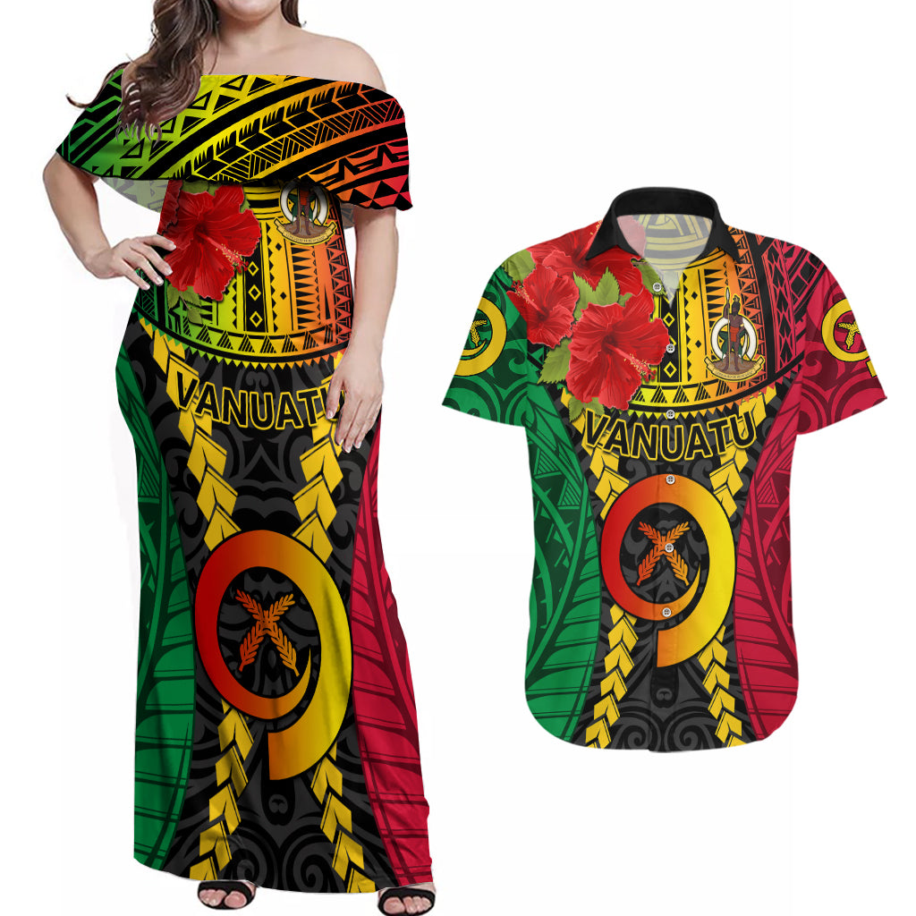 Personalized Vanuatu Couples Matching Off Shoulder Maxi Dress and Hawaiian Shirt Vanuatuan Coat Of Arms Mix Pig Tusk Poynesian Pattern LT05 Reggae - Polynesian Pride