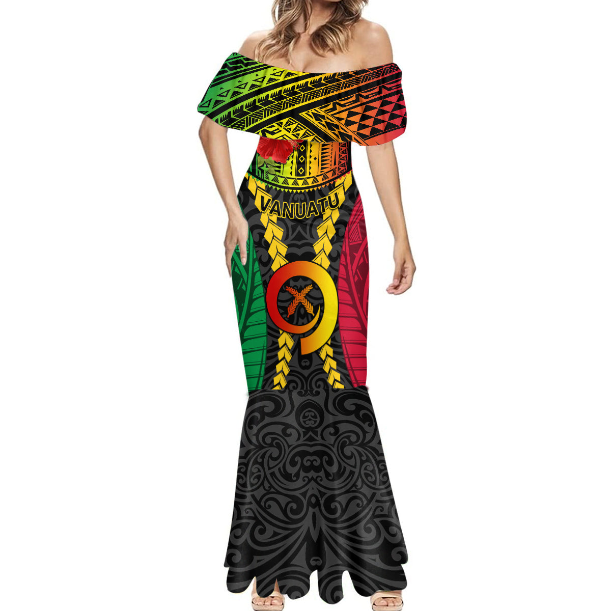 Personalized Vanuatu Mermaid Dress Vanuatuan Coat Of Arms Mix Pig Tusk Poynesian Pattern LT05 - Polynesian Pride