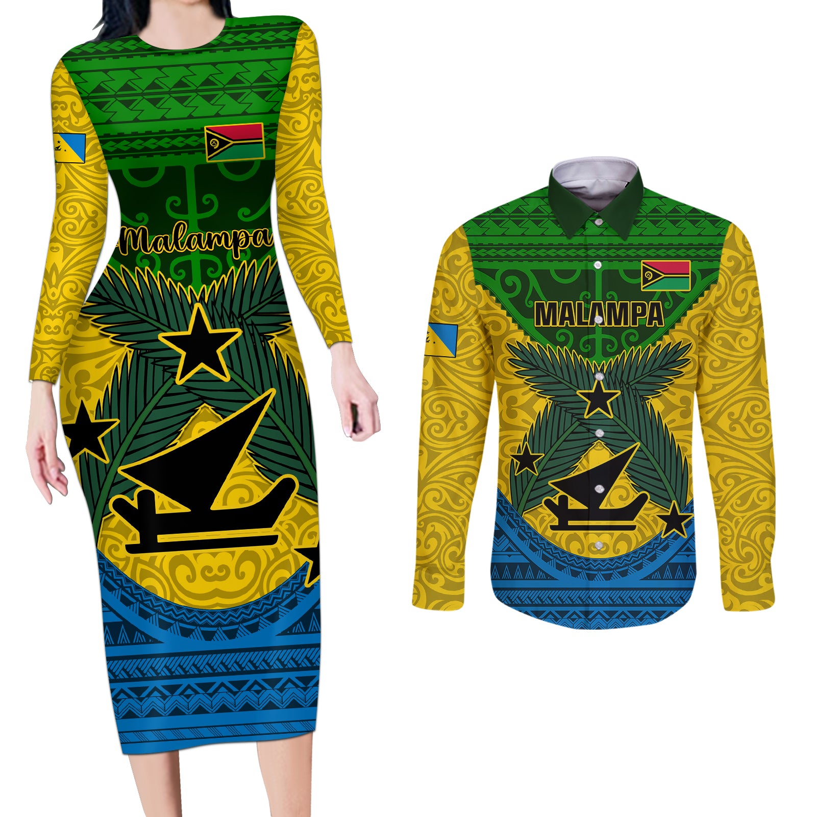 Vanuatu Malampa Province Couples Matching Long Sleeve Bodycon Dress and Long Sleeve Button Shirts Coat Of Arms And Namele Fern Polynesian Pattern LT05 Yellow - Polynesian Pride