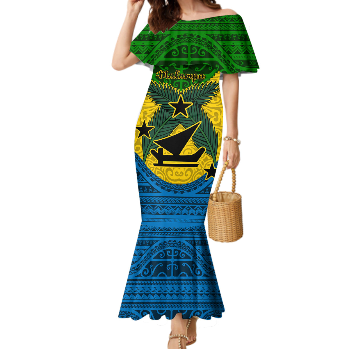 Vanuatu Malampa Province Mermaid Dress Coat Of Arms And Namele Fern Polynesian Pattern LT05 Women Yellow - Polynesian Pride