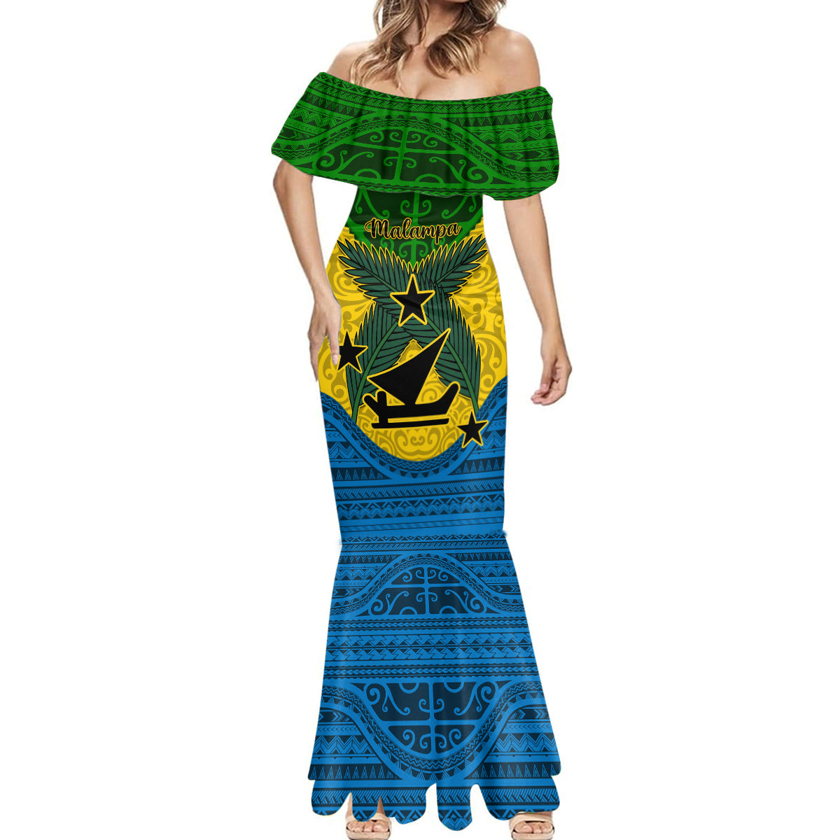Personalized Vanuatu Malampa Province Mermaid Dress Coat Of Arms And Namele Fern Polynesian Pattern LT05 - Polynesian Pride