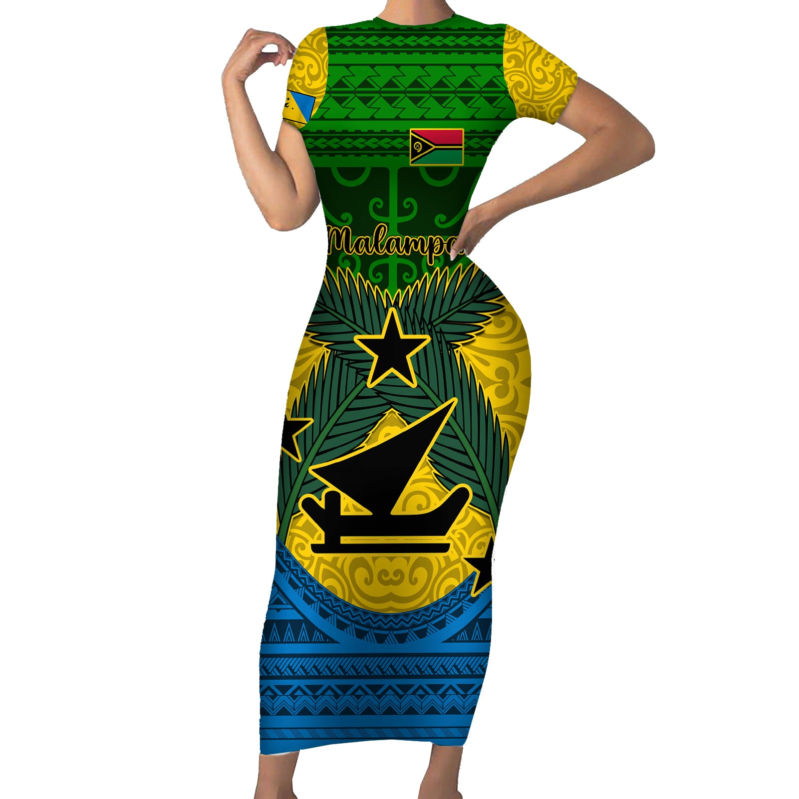 Personalized Vanuatu Malampa Province Short Sleeve Bodycon Dress Coat Of Arms And Namele Fern Polynesian Pattern LT05 Long Dress Yellow - Polynesian Pride