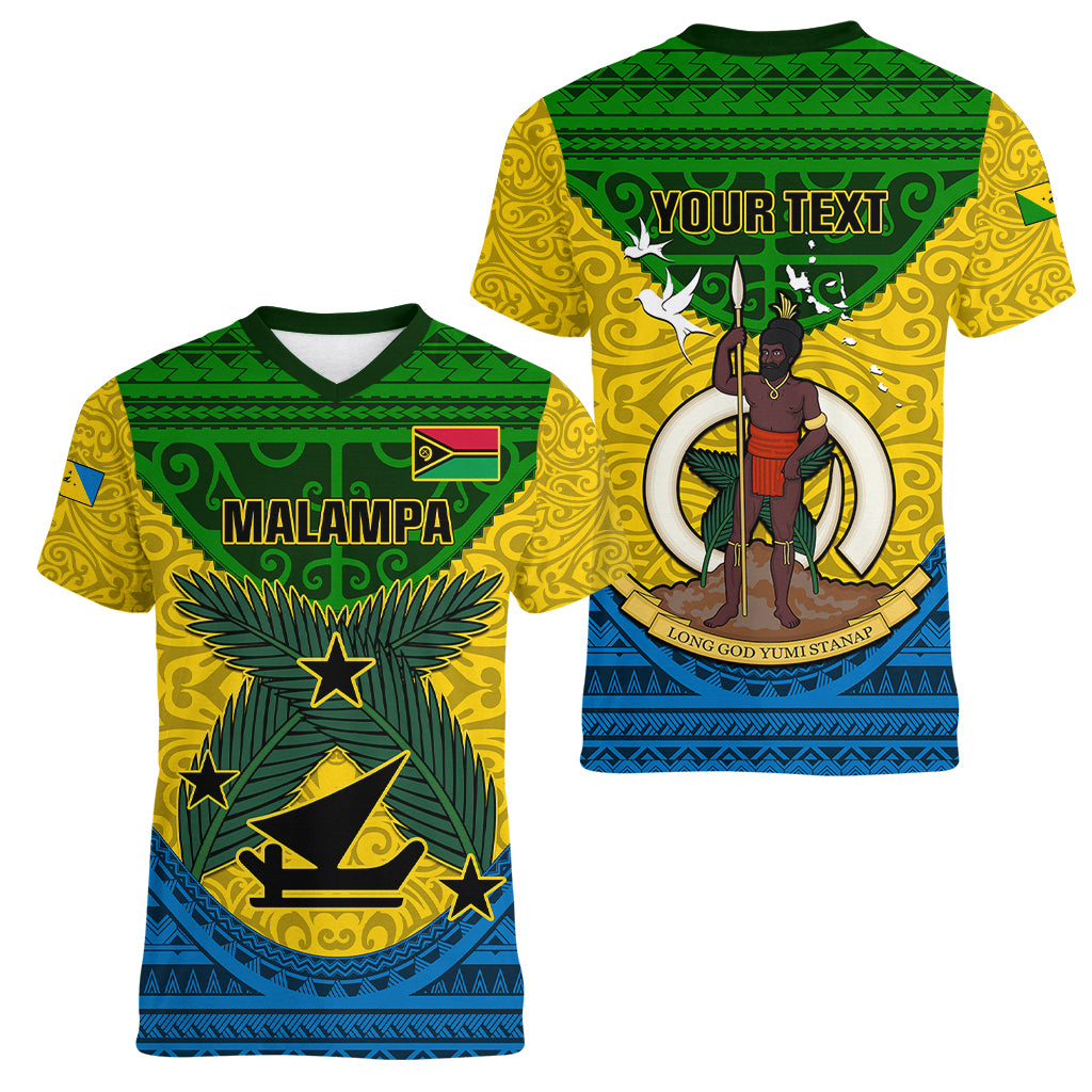 Personalized Vanuatu Malampa Province Women V Neck T Shirt Coat Of Arms And Namele Fern Polynesian Pattern LT05 - Polynesian Pride