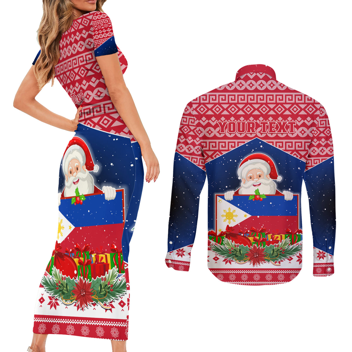 Personalised Philippines Christmas Couples Matching Short Sleeve Bodycon Dress and Long Sleeve Button Shirt Filipino Parol Maligayang Pasko LT05 - Polynesian Pride