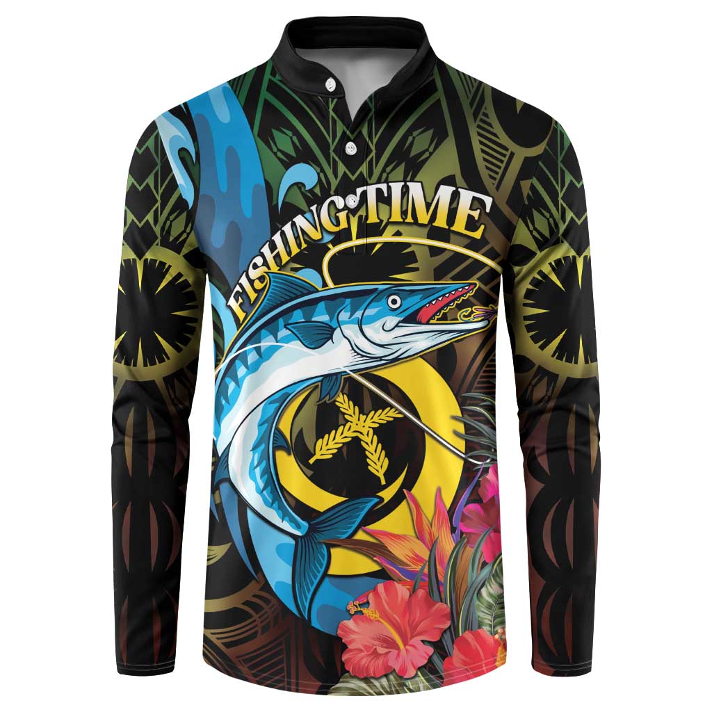 Vanuatu Fishing Button Sweatshirt It's Time To Fish LT05 Black - Polynesian Pride