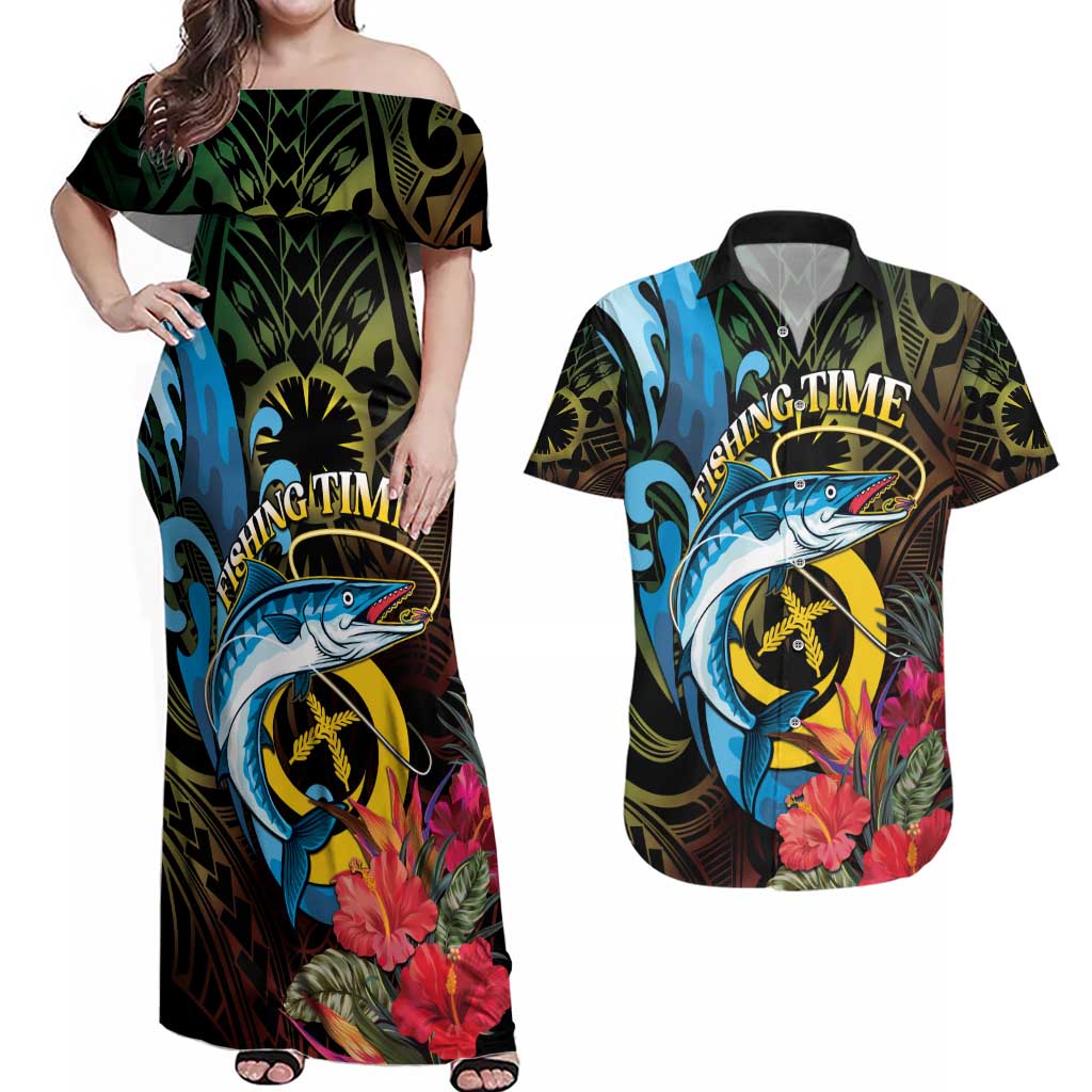 Vanuatu Fishing Couples Matching Off Shoulder Maxi Dress and Hawaiian Shirt It's Time To Fish LT05 Black - Polynesian Pride