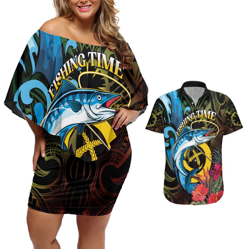 Vanuatu Fishing Couples Matching Off Shoulder Short Dress and Hawaiian Shirt It's Time To Fish