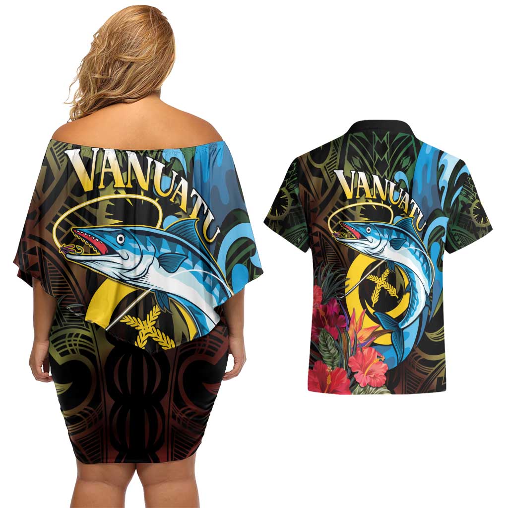 Vanuatu Fishing Couples Matching Off Shoulder Short Dress and Hawaiian Shirt It's Time To Fish